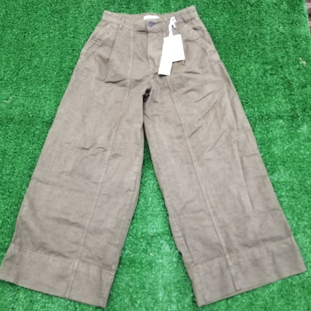 Everlane Wide Leg Pants Womens 4 Brown / Green Linen Blend Seamed High Rise Crop